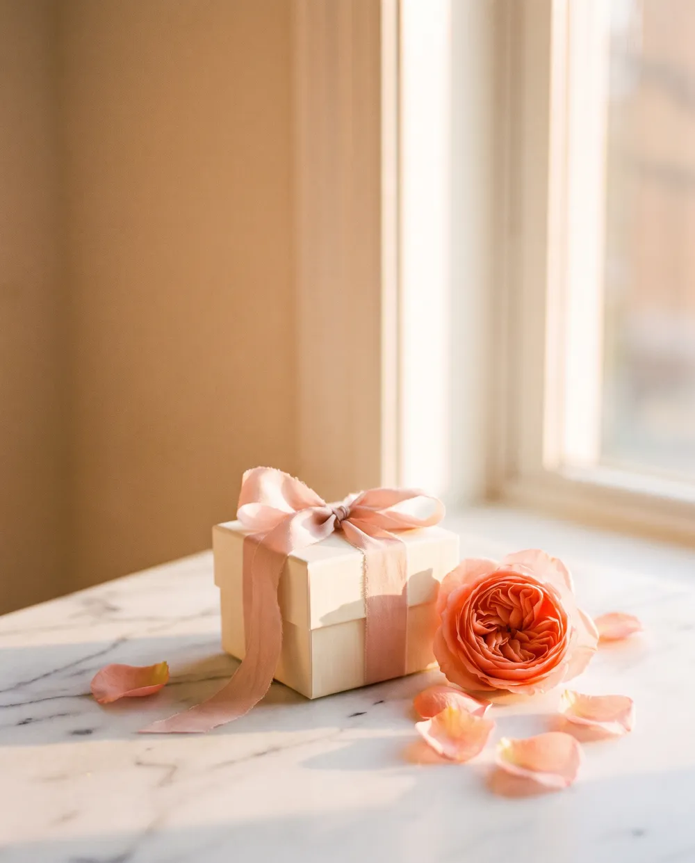 An ivory gift box with a blush silk ribbon and a coral rose on marble