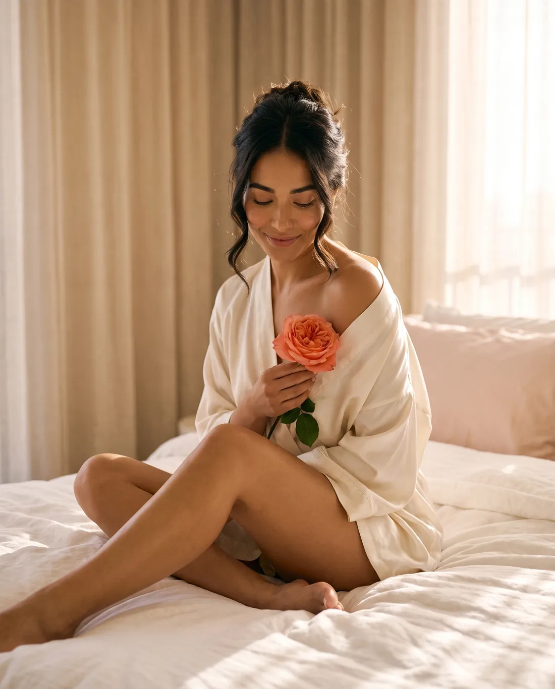 A woman in an ivory silk robe on white linen, holding a coral rose